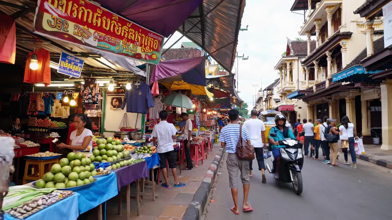el vibrante mercado callejero exhibe coloridos toldo, productos frescos, ropa y varios productos, con vendedores que asisten a sus puestos y compradores que navegan por las bulliciosas aceras