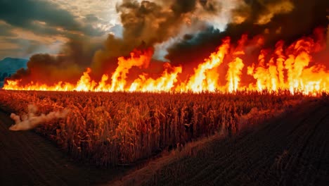 a field of corn on fire in the middle of a field