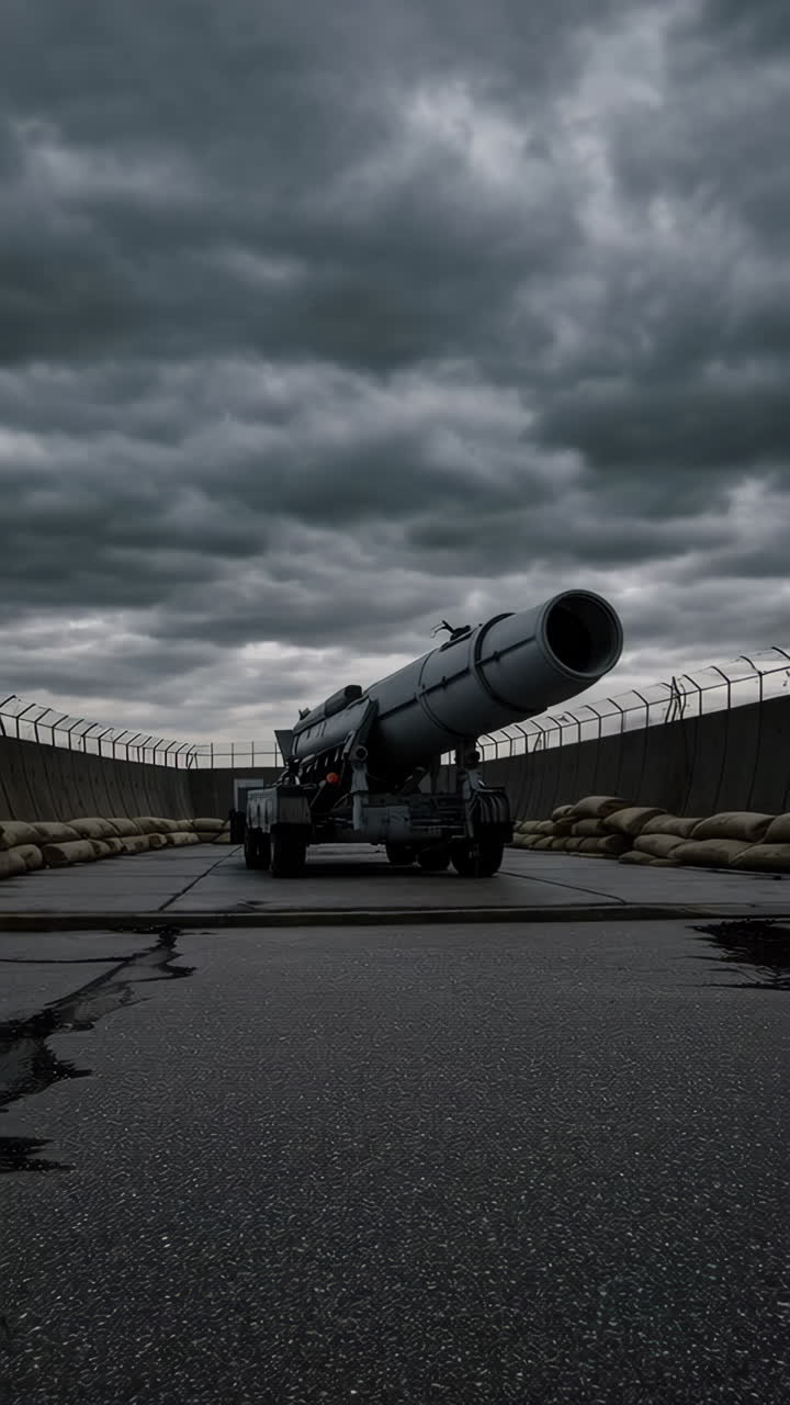 Missile Launcher on Military Base under Stormy Sky