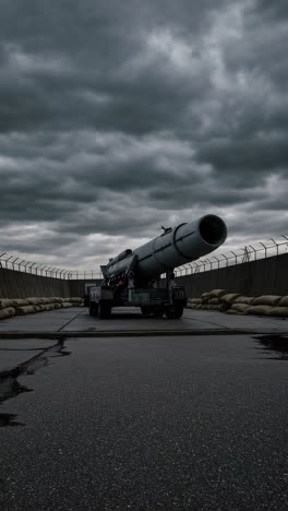 missile launcher on military base under stormy sky