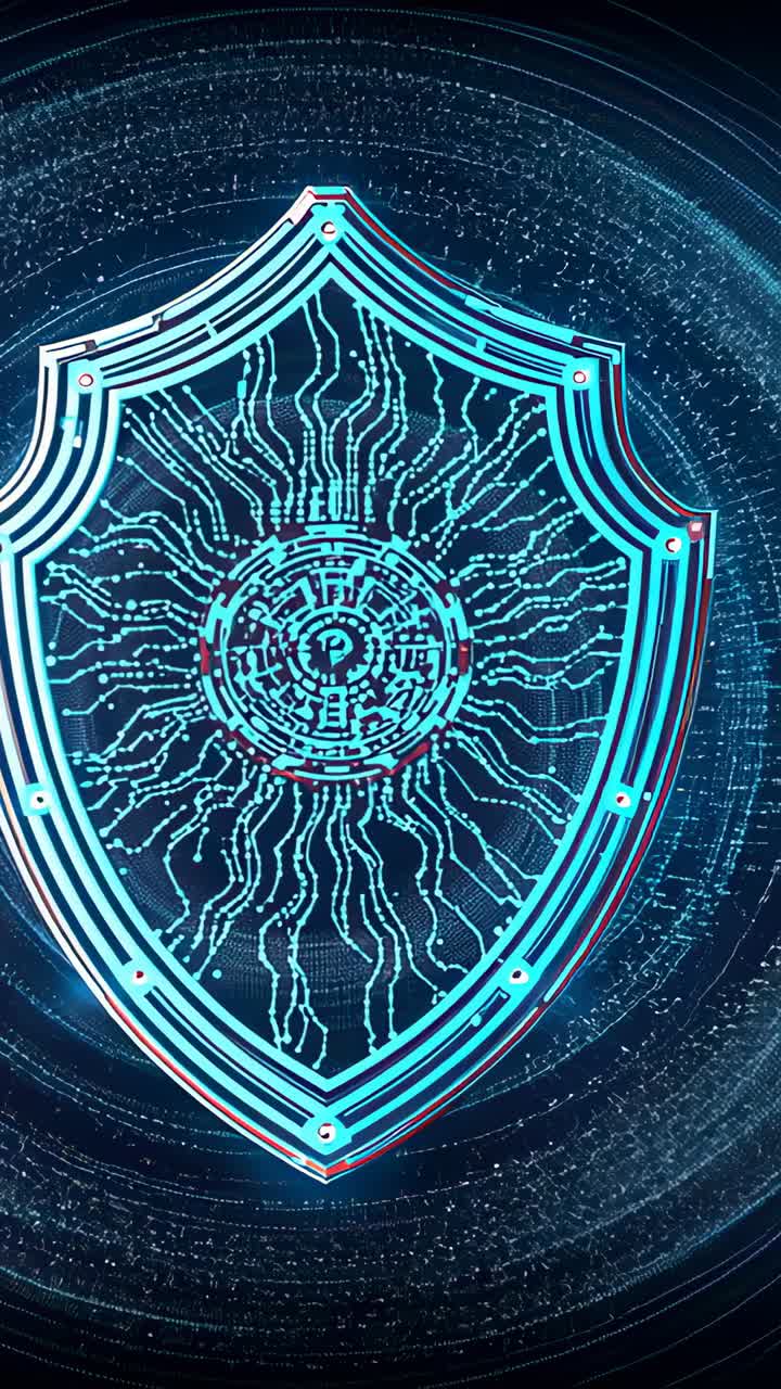 Vertical video: Cyan shield pulsing in dark void after animation start, framing data rings