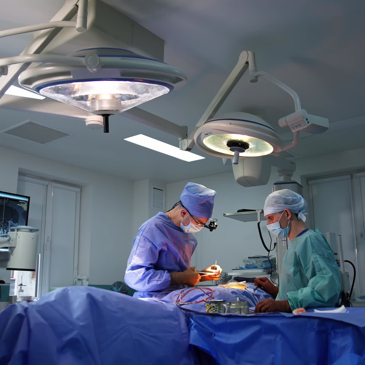Modern well-equipped surgery room with operation in process. Screen with x-ray photo of spine at background