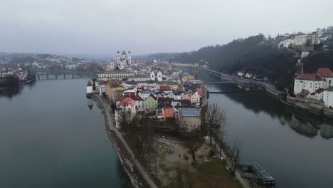 german city passau aerial drone view over oldtown danube and river inn