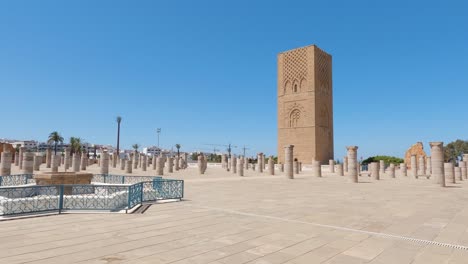 remains of the walls and columns, hassan tower minaret of incomplete mosque in rabat, morocco