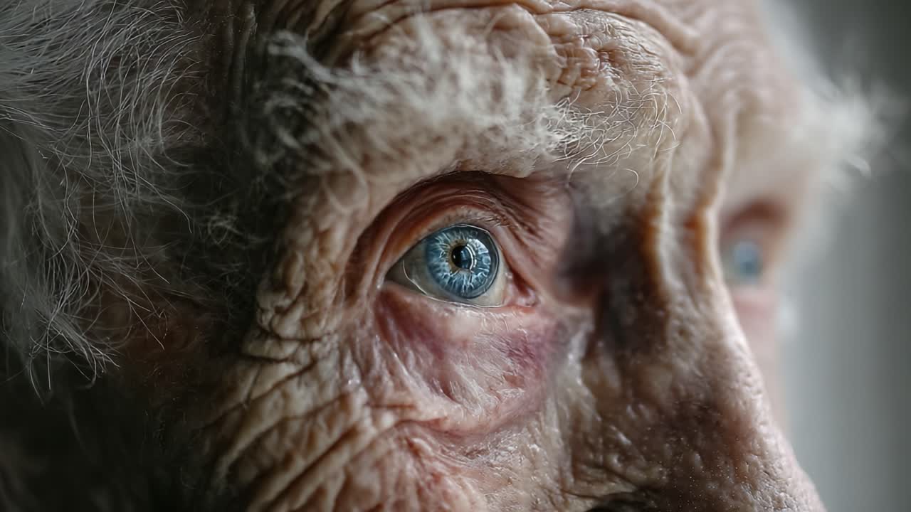 A Close-Up Examination of a Human Eye Reflecting the Depths of Time: Capturing the Remarkable Blue Color and Intricate Details of Old Age