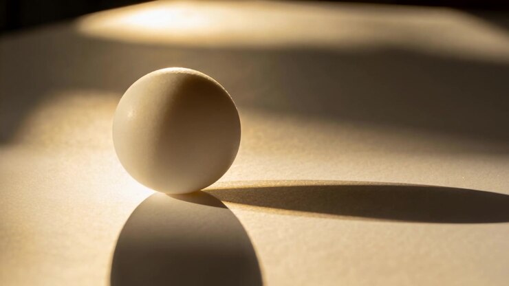 Responding to low warm light, smooth white sphere rotating and settling on tabletop with shadow