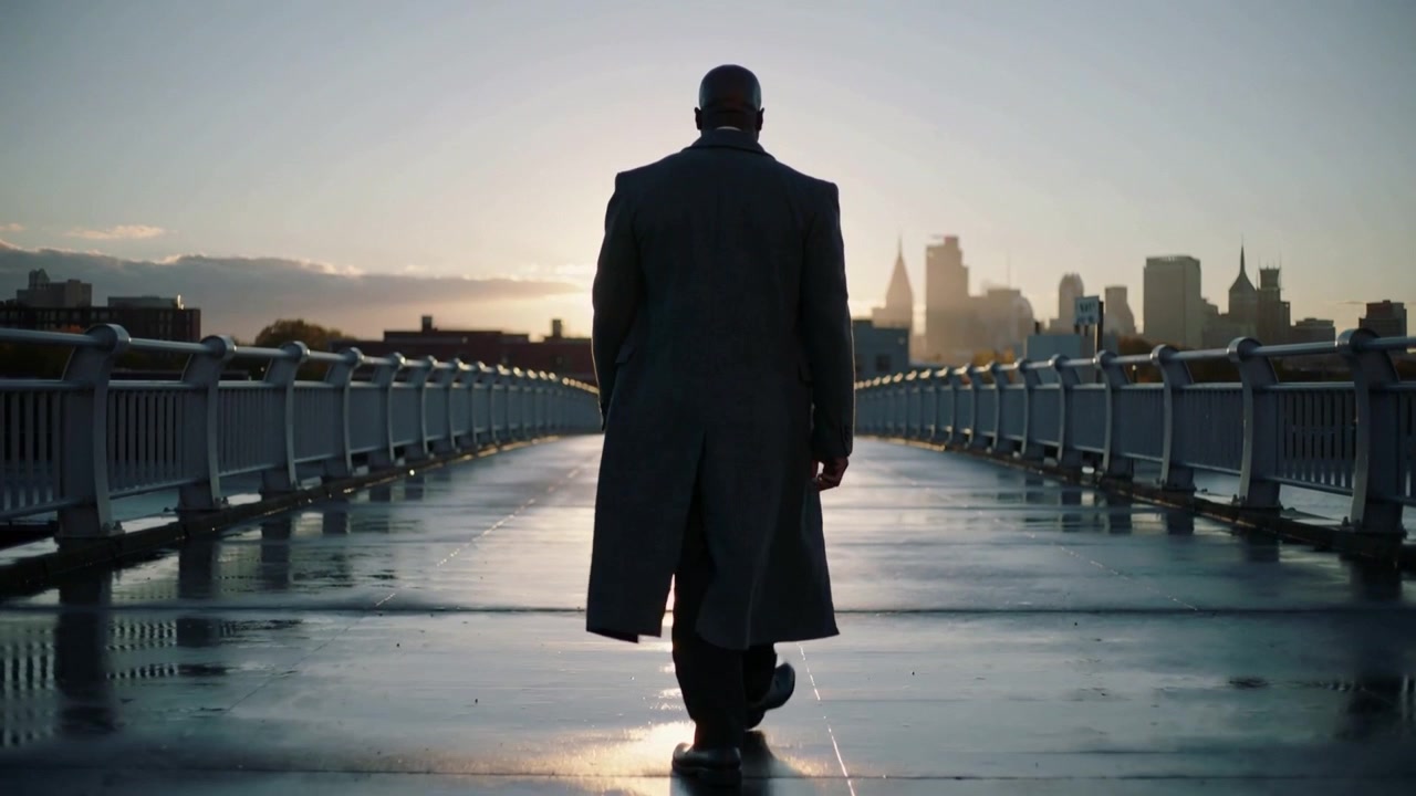 Uomo che cammina sollevando il piede sinistro, attraversando un ponte pedonale verso lo skyline della città con un lungo cappotto scuro