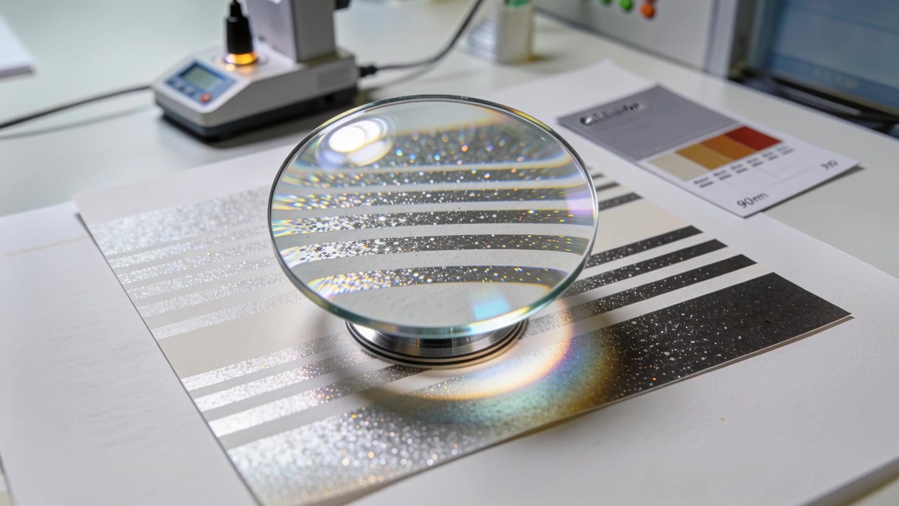 Camera pulling back revealing convex magnifying lens on metal stand at lab bench, for optical test