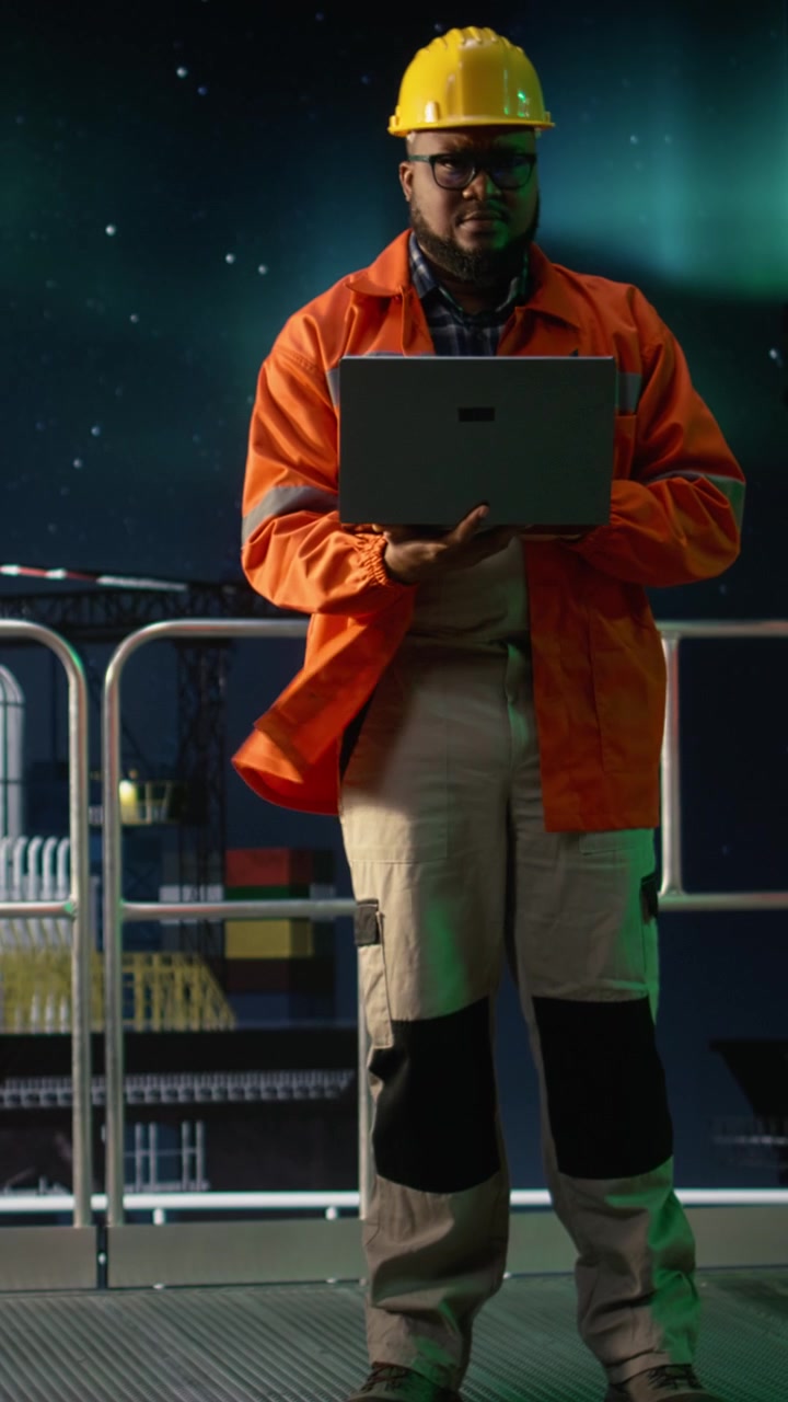 Vertical video Offshore platform engineering team coworkers review maritime security incidents