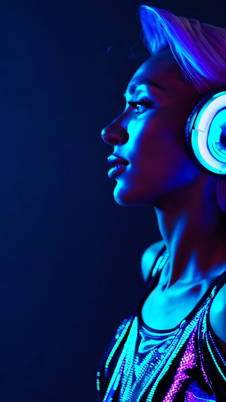 Woman with Headphones Under Neon Lights