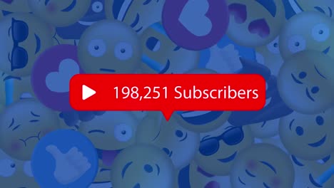 animación de suscriptores creciente número sobre iconos emoji en fondo azul