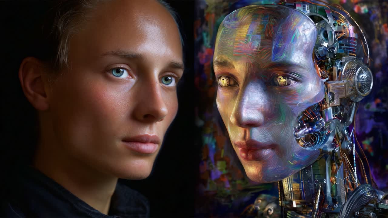 Exploring the Duality of Human and AI: A Compelling Visual Contrast Between Realism and Futuristic Robotics in Portraiture