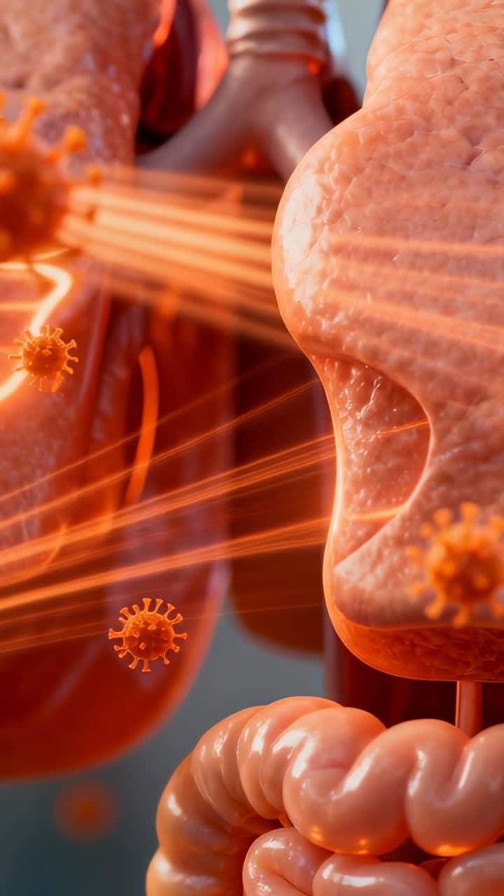 Throat releasing streaks and carrying viral particles into lungs, health animation showing spread