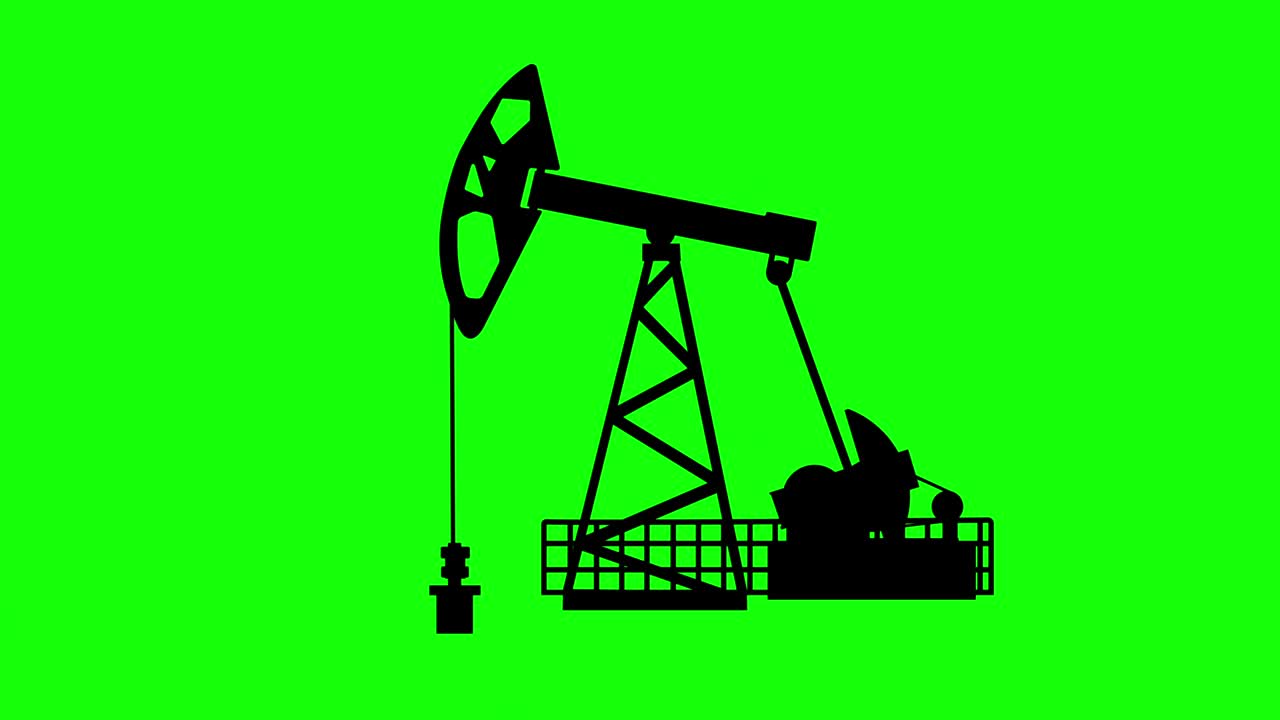 Silhouette of an oil pumping machine on a green background. Machine for the production of oil of black colour, the chroma key. Equipment for oil production runs on chromakey