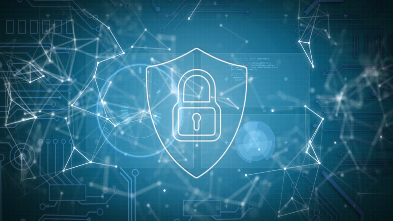 Animation of digital shield with padlock and connections on blue background