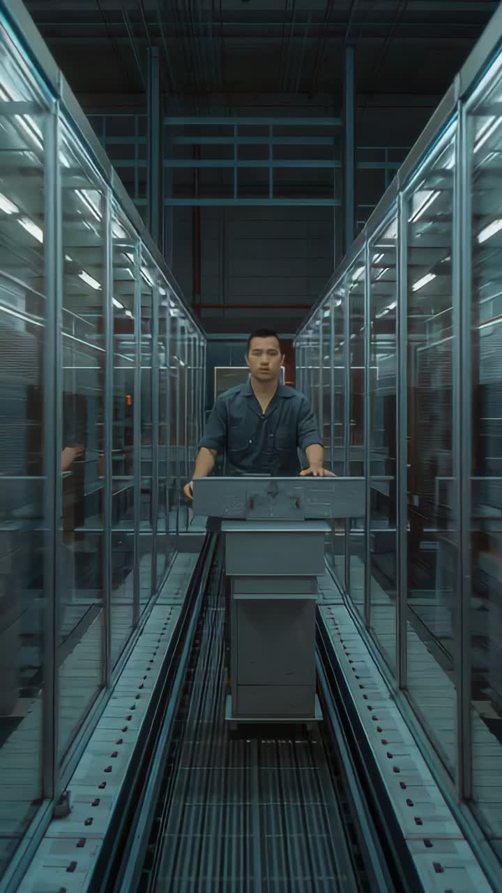 Vertical video: Starting push, worker in dark shirt pushing metal cart along rails between cabinets