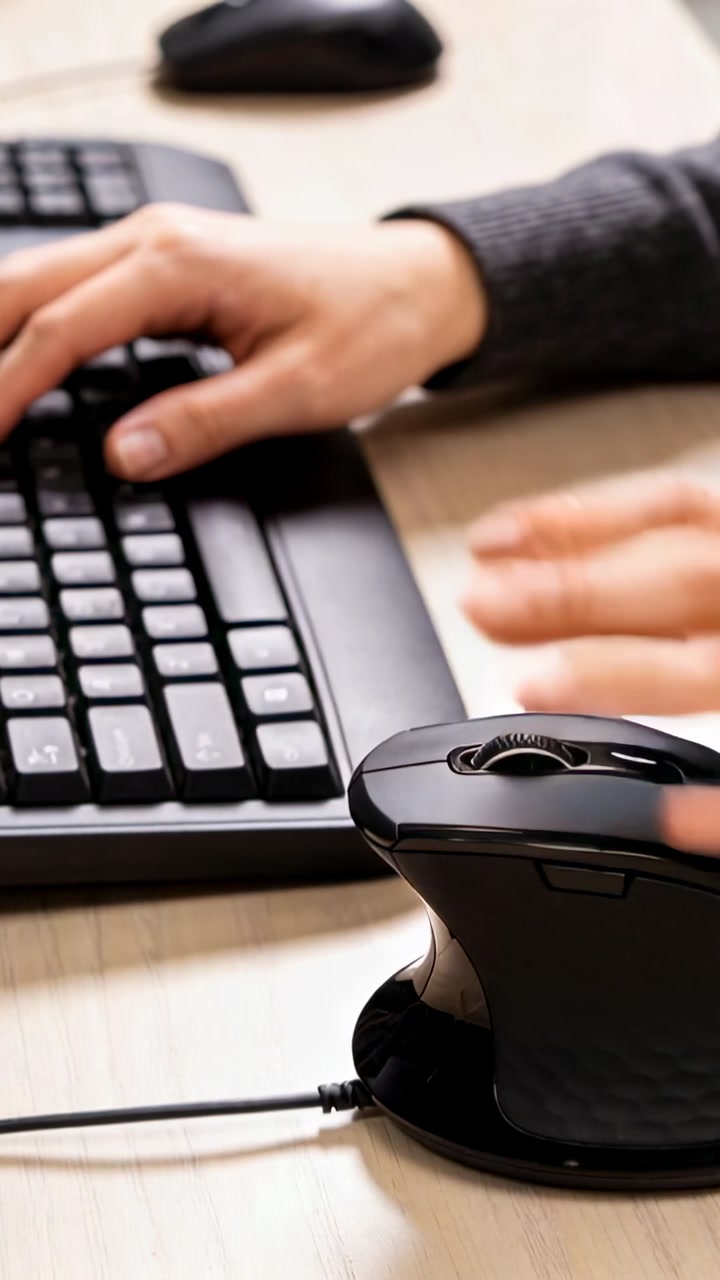 Vertical video: Resting right hand, user typing using vertical mouse at desk working sleeves