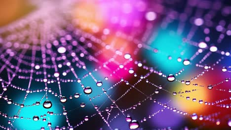 tiny water droplets cling to delicate spider silk, reflecting a vibrant array of colorful lights, creating a mesmerizing spectacle of nature's artistry