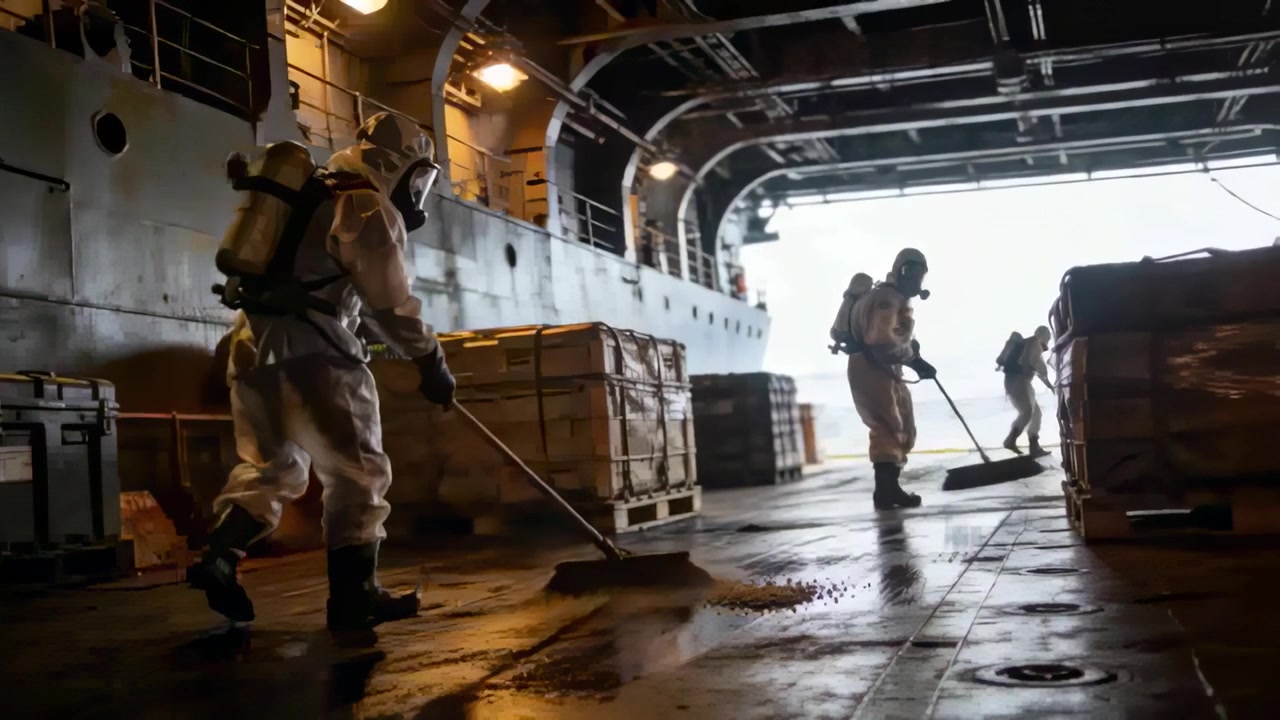 Brushing three crew in protective suits sweeping spill toward stern for cleanup, using brooms, SCBA