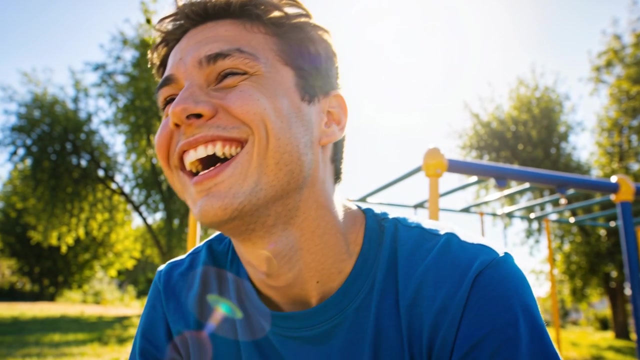 Uomo che ride con maglietta blu che si ripara e si espone alla struttura per arrampicata del parco, il sole che provoca un effetto flare.