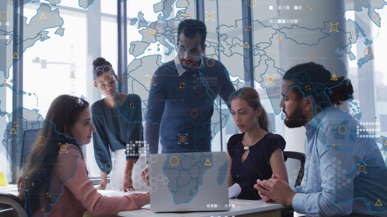 Animation of financial data processing over diverse business people in office