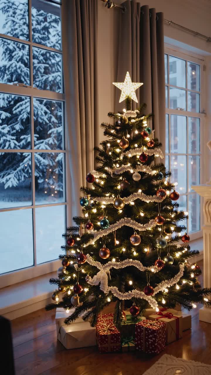 Festive Christmas tree with glowing lights and ornaments, captured from a cozy living room angle