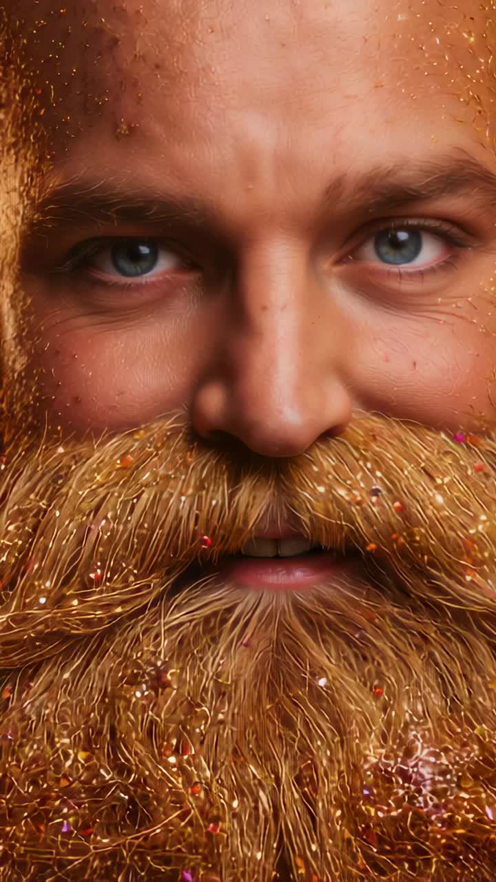 Vídeo vertical: Hombre grabando un primer plano mientras parpadea y mueve los labios, con barba brillante captando la luz