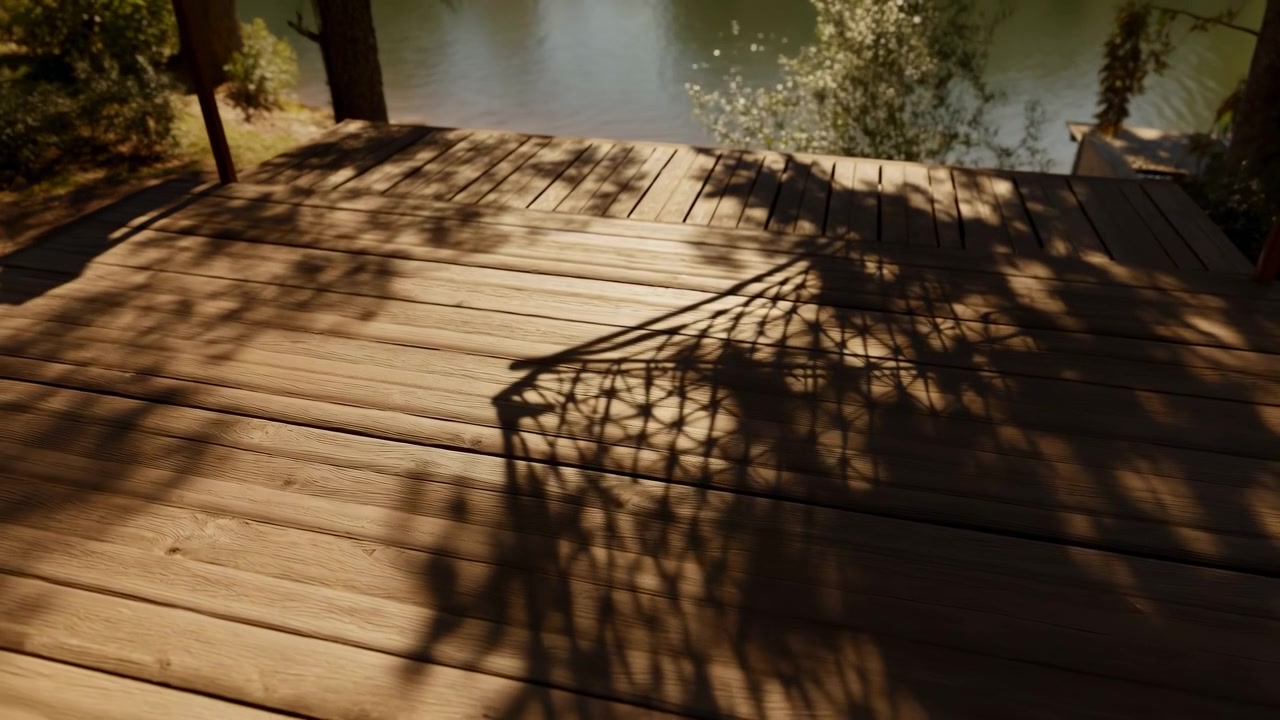 Verwitterte Holzterrasse neben ruhigem Wasser zeigt starke Astschatten auf sonnenbeschienenen Planken, weiche Uferreflexionen, spärliche Bäume, warmes goldenes Licht, rustikale Texturen und eine friedliche Outdoor-Stimmung.