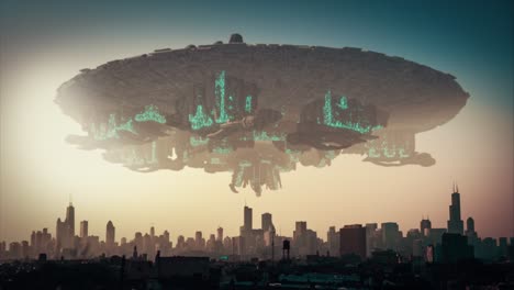 stunning 3d cgi render of a vast alien ufo mothership, hovering and rotating slowly and menacingly above a modern city, in the glow of the setting sun