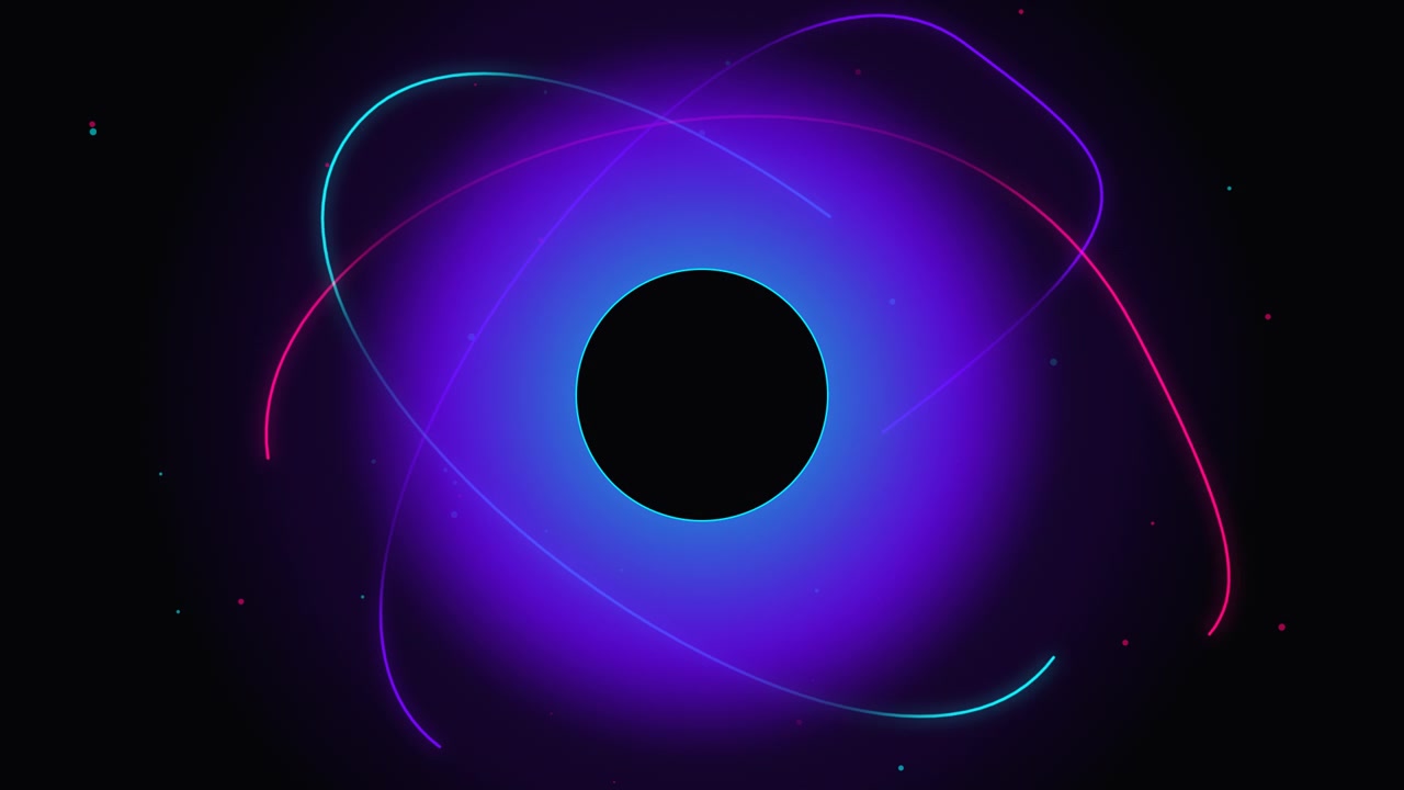 Animazione astratta di orbite al neon luminose attorno a un centro scuro