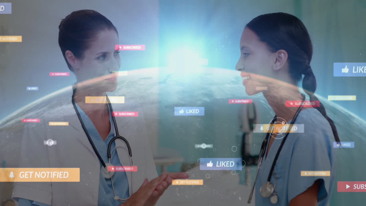 Healthcare workers discussing care in clinic, showing floating liked subscribed get notified icons