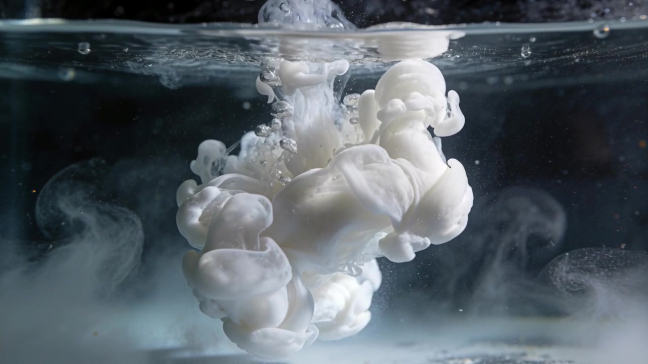Dropping dense white pigment globule forming plume in studio tank to capture flow, with bubbles