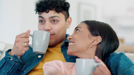 happy, couple and watching tv with coffee