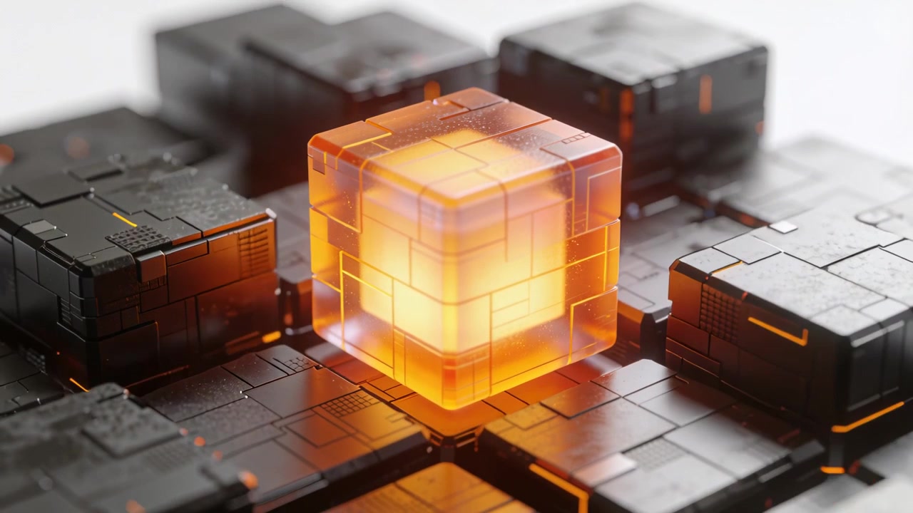 Shifting viewpoint closer, glowing orange cube pulsing on black modular pedestal, revealing edges