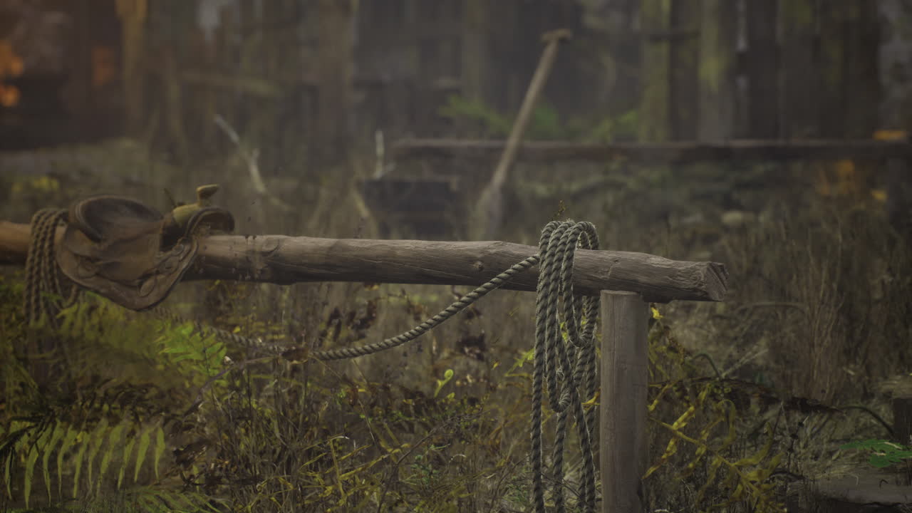 Sunset illuminating the old ranch with rustic gear and natures beauty