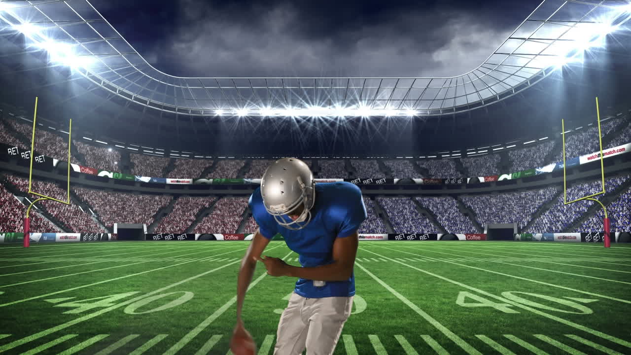 Animazione di un giocatore di football americano su uno stadio sportivo