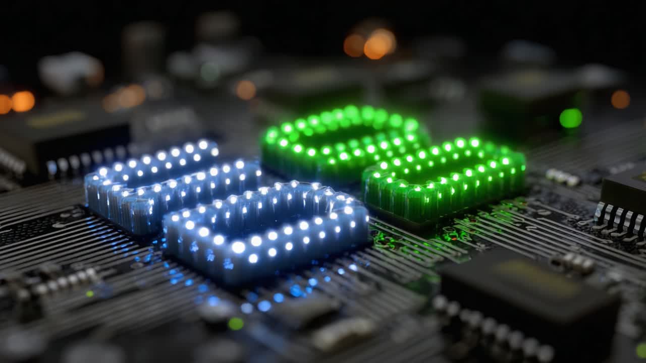A Close-Up View of a Circuit Board Featuring Illuminated LED Digits Showcasing Electronic Components and Vibrant Lighting Effects