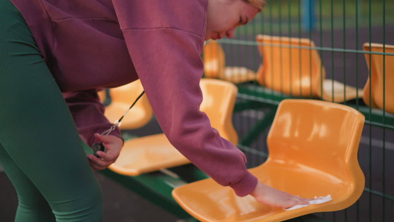 마룬 을 입은 젊은 여성이 야외에서 천으로 노란색 경기장 좌석을 청소하고, 방문객을 위해 앉아있는 지역을 준비하고, 배경은 사람들이 돌아다니는 스포츠 필드를 보여줍니다.