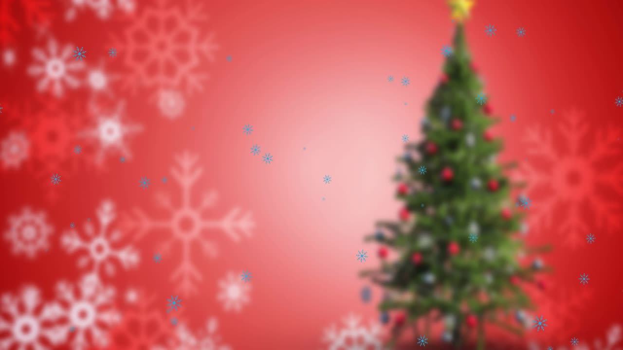 animación de nieve cayendo sobre el árbol de navidad sobre fondo rojo