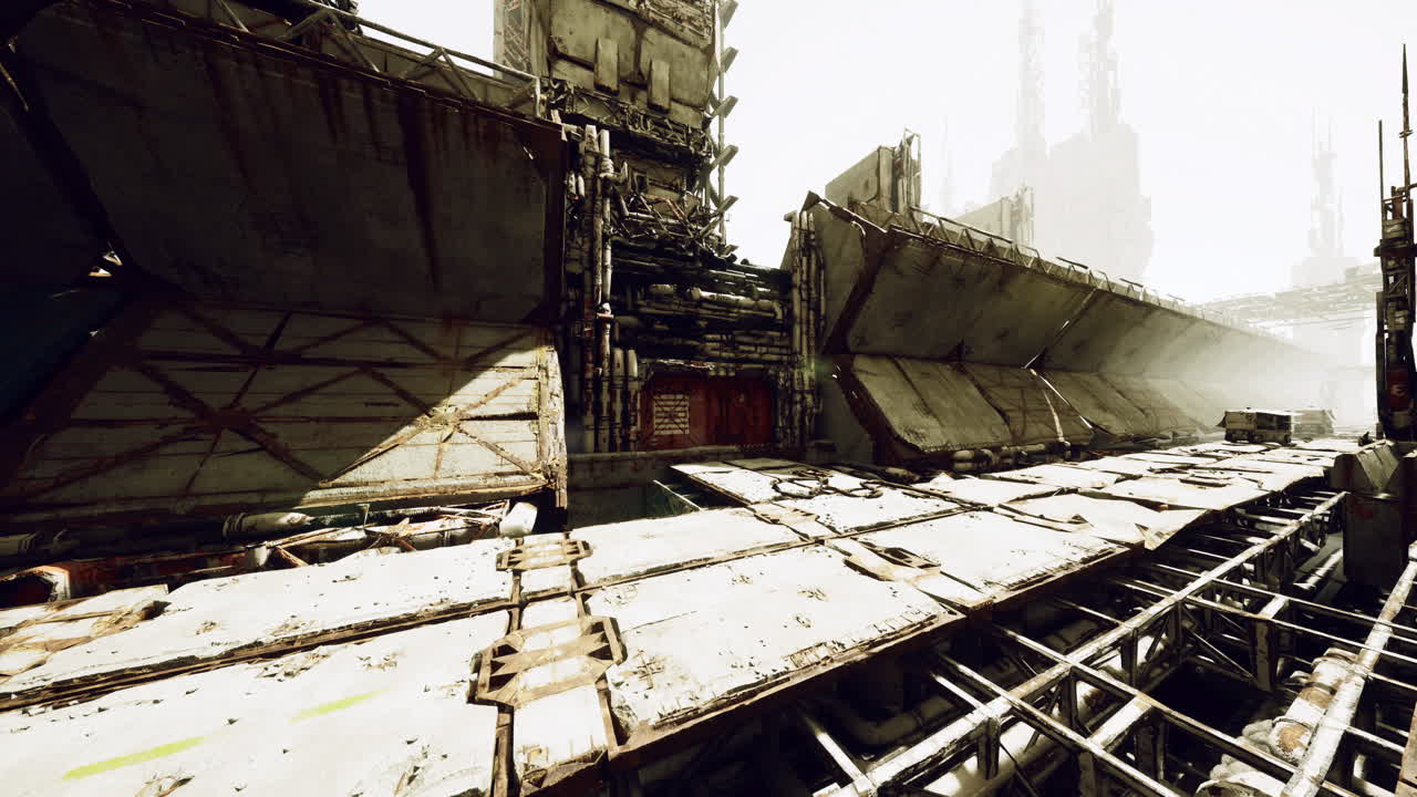 Industrial futuristic landscape with weathered structures and fog
