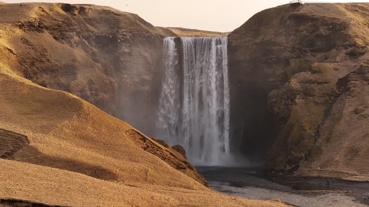 Front view of Skógafoss waterfall in southern Iceland, where the Skógá river plunges from cliffs near Eyjafjallajökull volcano. Golden terrain frames the powerful cascade in calm daylight.