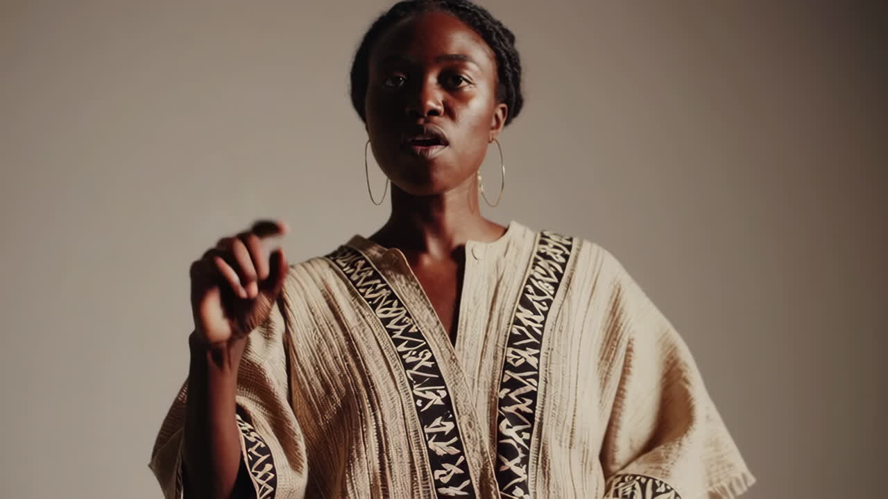 Elegantní africká žena v tradičním oděvu s výraznými gesty rukou