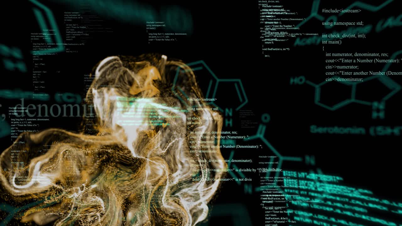 Animation of light trails and data processing over black background