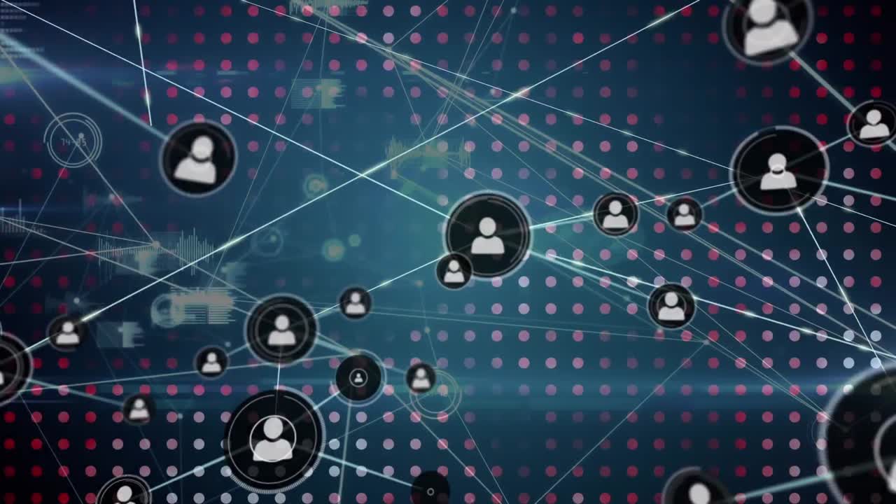 animación de la red de iconos de perfil y procesamiento de datos sobre el patrón de puntos contra un fondo azul