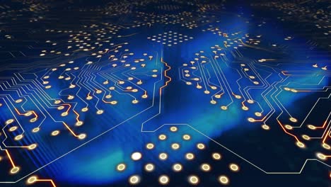 Animation-of-integrated-circuit-over-blue-background-with-squares