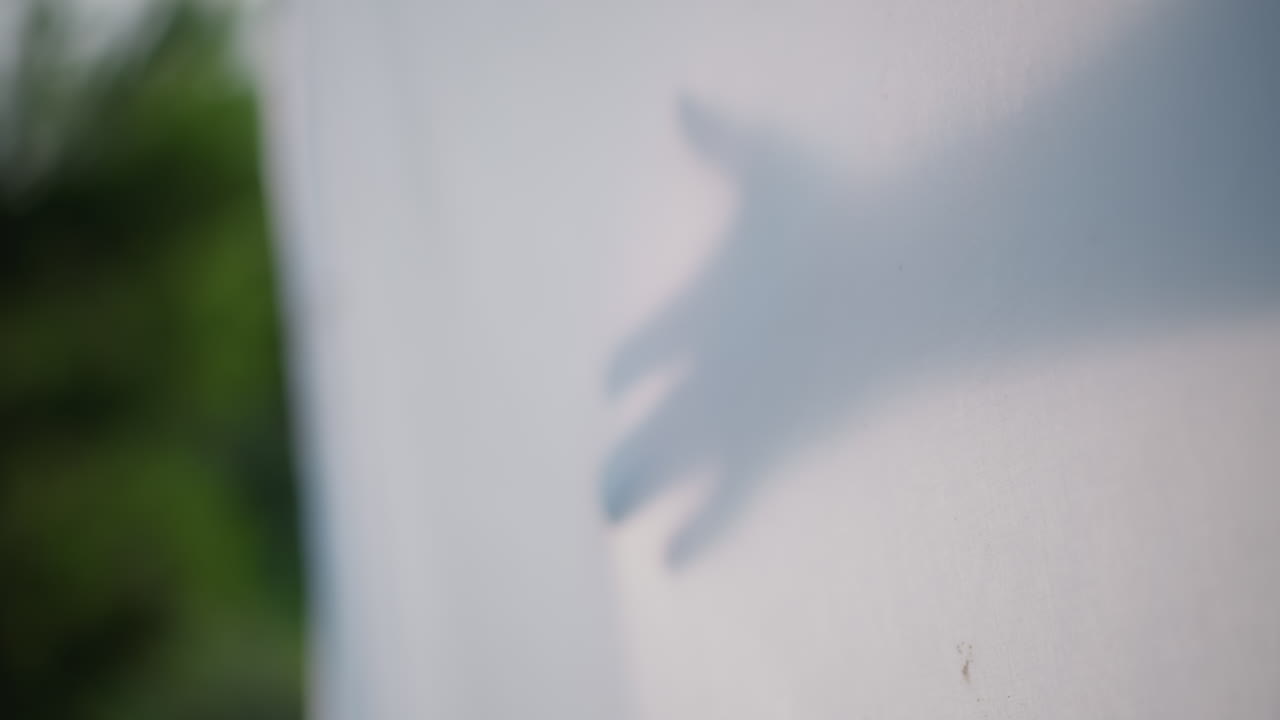 Outstretched hand silhouette behind sheet, hand pressing and sliding along fabric, backlit by warm sunlight, green bokeh garden background, intimate playful mood, slow cinematic motion