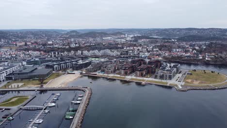 aerial view of kristiansand norway with beach and river otra - idyllic norwegian city with modern architecture and christianholm marina