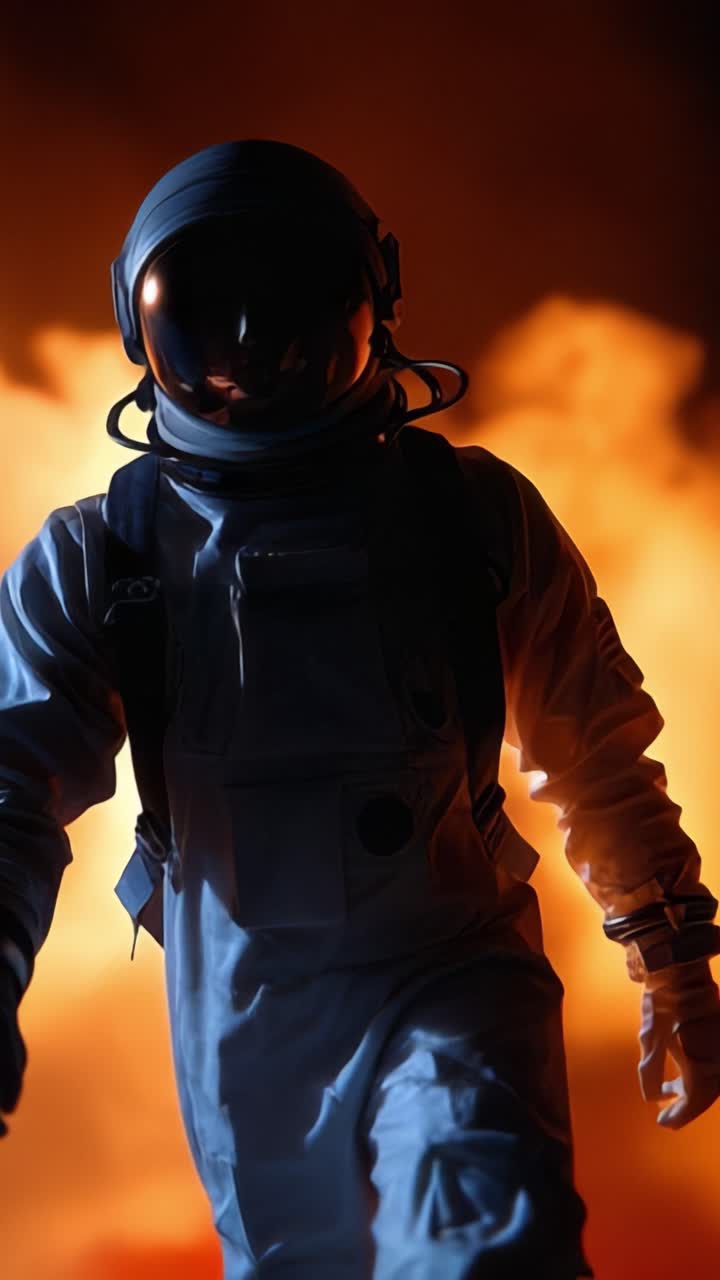 A determined astronaut emerges from a fiery backdrop, symbolizing bravery and exploration in the vastness of space, embodied by the illuminated figure