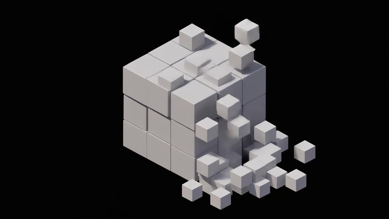 Abstract 3D Animation of a Cube Disintegrating into Smaller Blocks