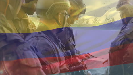 animación de la bandera de colombia sobre varios soldados con armas